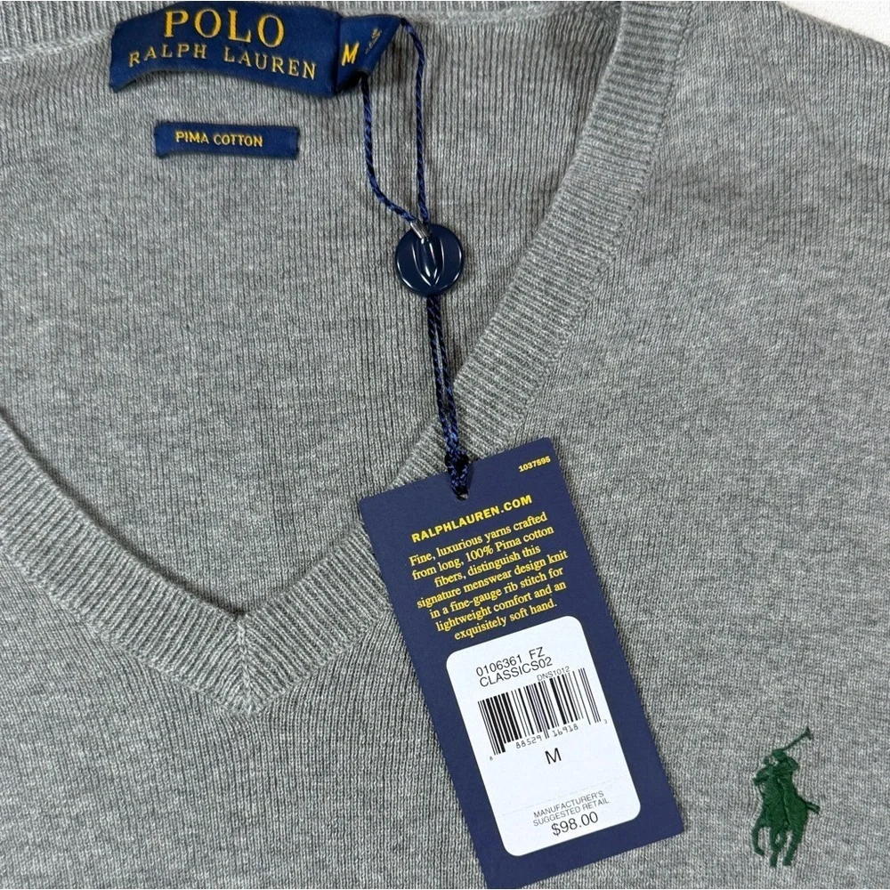 NWT Polo Ralph Lauren Medium Pima Cotton V-Neck Sweater in Gray With Horse Logo